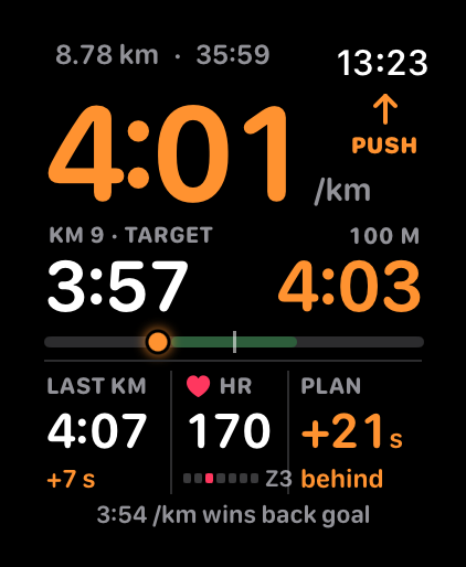 A race plan on Apple Watch: 21 seconds behind the plan, and the pace that wins the goal back